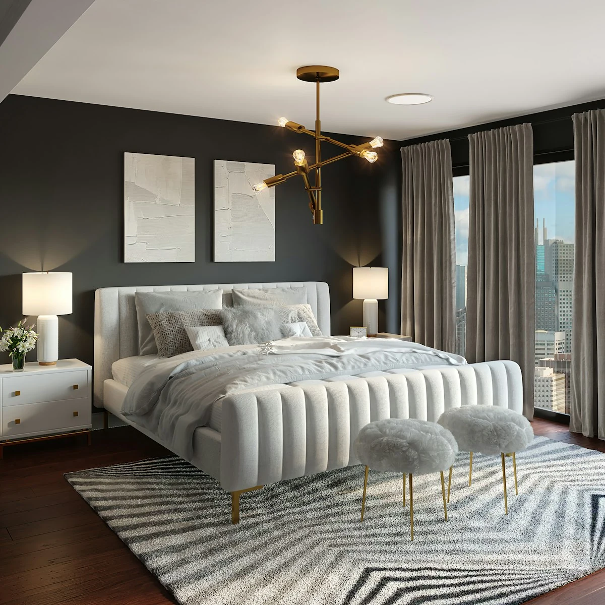 Dormitorio de apartamento turístico impecable con cama perfectamente vestida